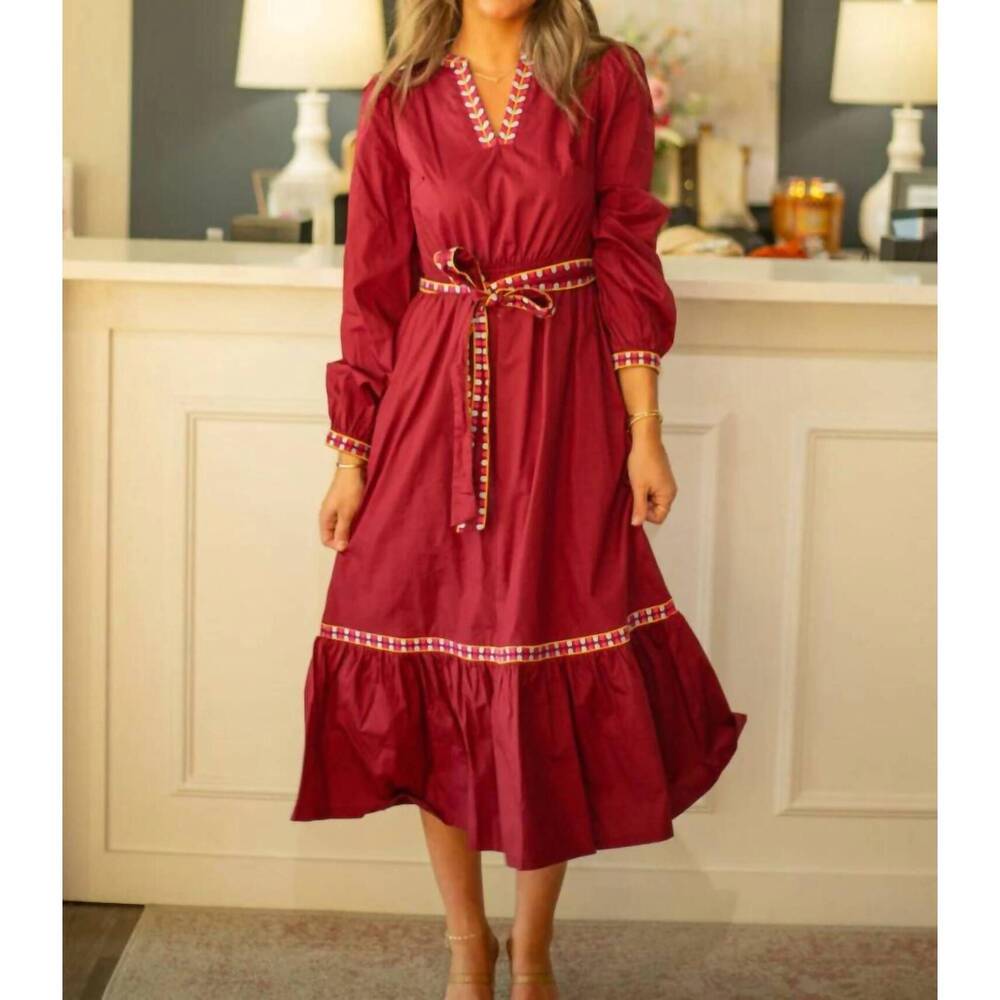 NEW &MERCI embroidered long sleeve dress in burgundy